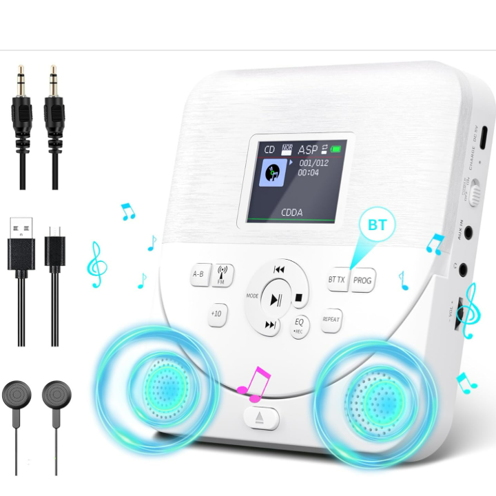 ポータブルCDプレーBluetooth送信/受信対応スピーカー内蔵(REC)録音機能・FMトランスミッター付き2000mAh電池内蔵 CD・MP3・32GB MicroSDカード等対応 ASP音飛び防止 AUX出入力端子付きA-Bリピート・プログラム再生 EQエフェクトPSE認証済み 3.5mmイヤホン付き語学学習 胎児教育 音楽鑑賞適用
