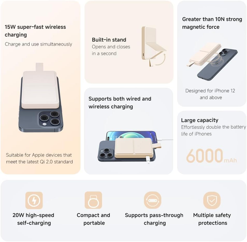 Xiaomi Magnetic Power Bank 6000mAh MagSafe対応モバイルバッテリー Qi2.0認証 / PSE技術基準適合/安全回路保護 マグネット式 ワイヤレス充電 出力(15W)/USB-C入出力 折りたたみ式スタンド iPhone 16 / 15 / 14 / 13 シリーズ専用