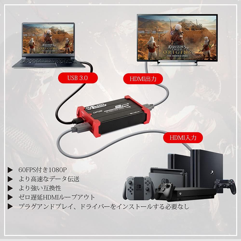 Mirabox 4K キャプチャーボード USB 3.0ビデオゲームキャプチャ1080p @ 60fps PS4 Xbox Wii UおよびPS3をHD Loopoutでサポート、プラグアンドプレイサポートHDMIゲームライブ録画/HDMIビデオ録画/ライブストリーミングキャプチャデバイス