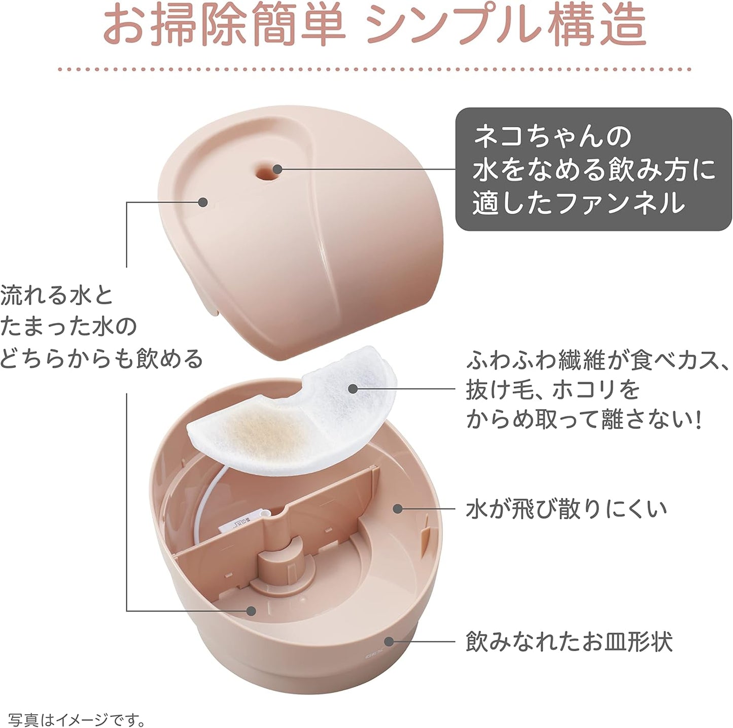 ジェックス ピュアクリスタル ミューティー 猫用 950mL ミルキーベージュ フィルター式給水器 USB電源 静音 フィルター付き