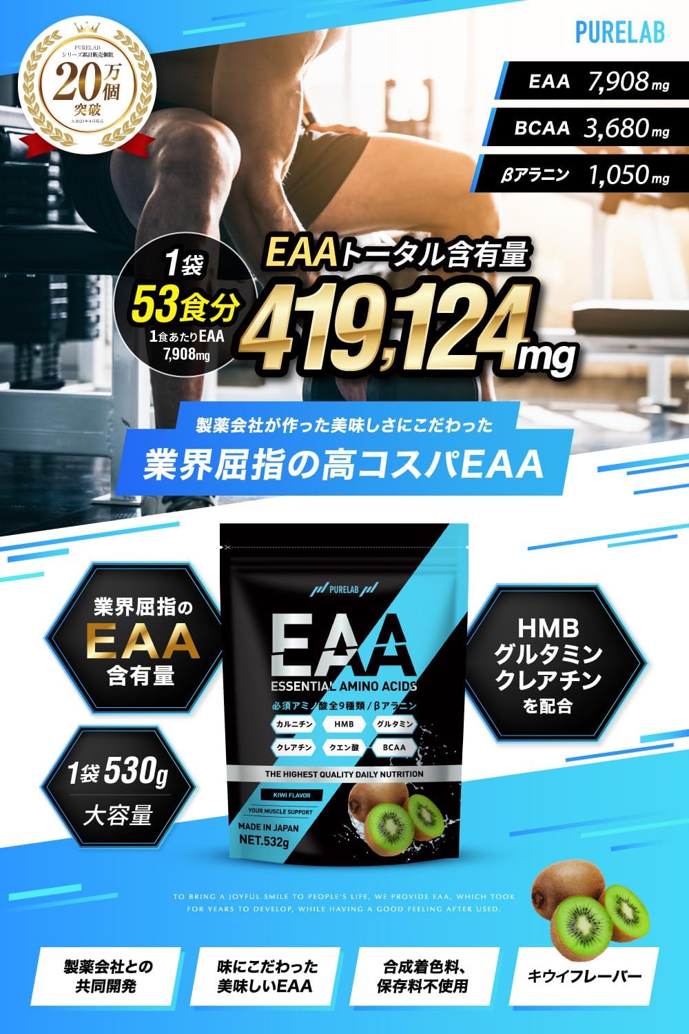 PURELAB EAA (キウイ味) 532g約53回分 必須アミノ酸9種類配合 サプリメント (製薬会社との共同開発)βアラニン グルタミン リジン クレアチン カルニチン 国内製造