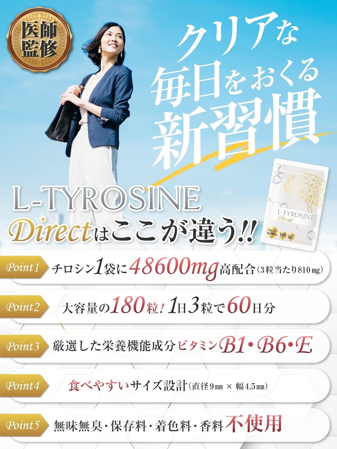 L-チロシン ダイレクト 医師監修 チロシン サプリ 48600mg L-チロシン配合 180粒 30~60日分 GMP国内工場製造 ビタミンB1,B6,E 栄養機能食品