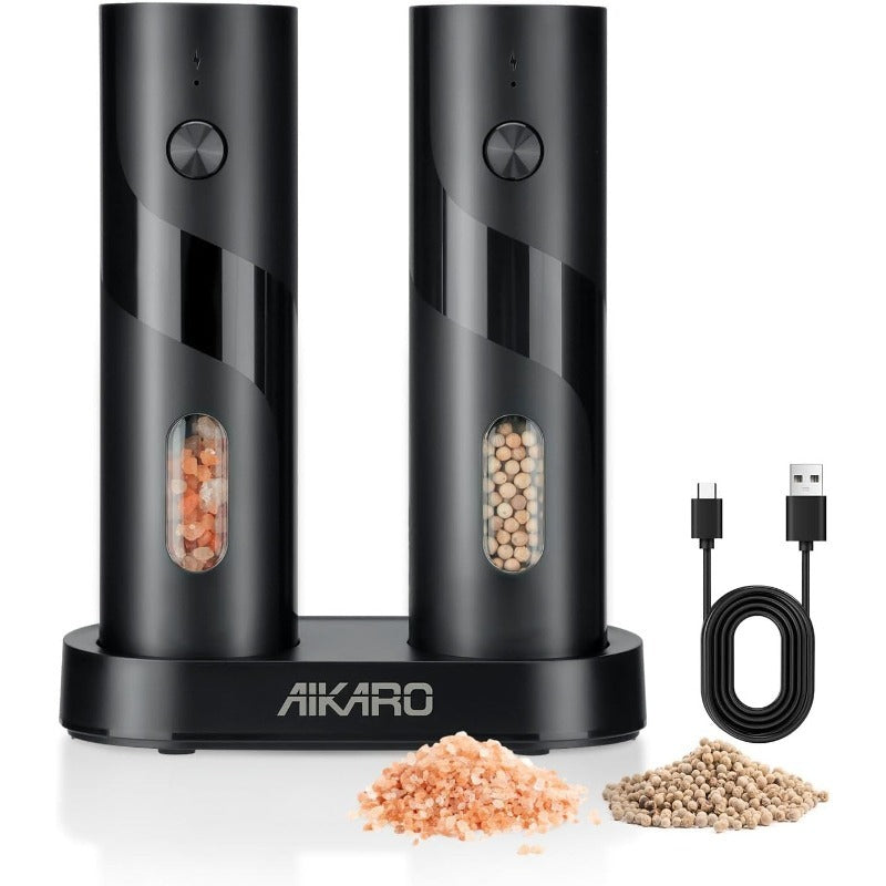AIKARO - 電動ソルト＆ペッパーミル 自動スパイスグラインダー、充電式（セット）
