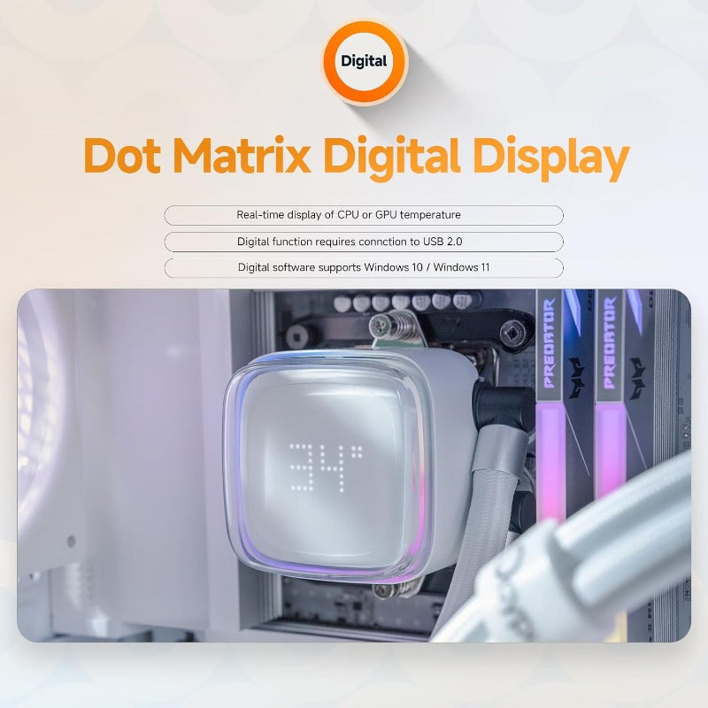Ocypus Iota L36 CPUクーラー 水冷、デジタルディスプレイ、360MM AIO 簡易水冷CPUクーラー、効率的な冷却ポンプ、ARGB照明コントロール、120MM PWMファン、最大2000 RPM、AMD & Intel LGA対応 (ホワイト)
