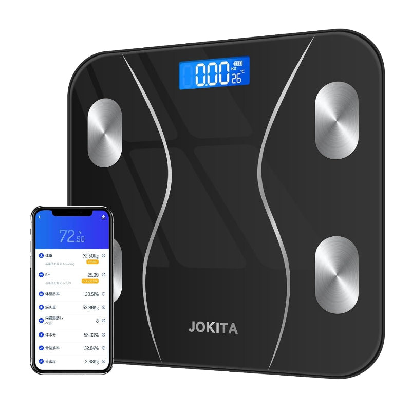 体重計 bluetooth スマホ連動 体組成計 ヘルスメーター 体脂肪計 対組成計 weight scale 電子スケール 体重計 体脂肪率 体脂肪率測定器 高精度 自動ON/OFF バックライト付 180kgまで対応 ボディスケール 強化ガラス コンパクト 軽量アプリ対応/体脂肪率/BMI/筋肉量/基礎代謝量/水分量/体脂肪量 日本語取扱説明書 電池付属 (ブラック)