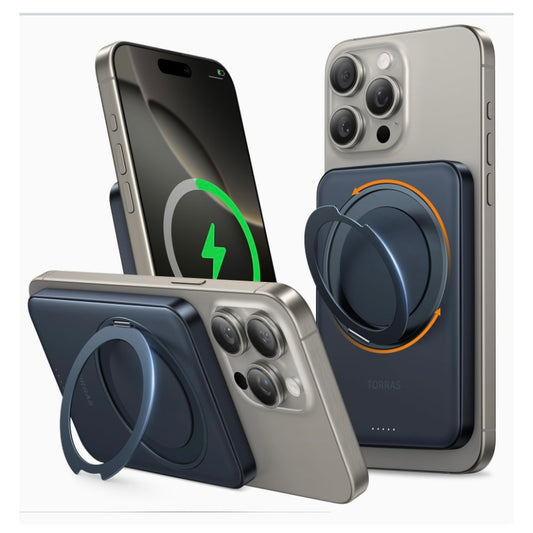 TORRAS モバイル バッテリー【超軽量·360°回転スタンド】 MagSafe対応 軽量 小型 マグセーフ 薄型 ワイヤレス充電器 マグネット式 急速充電 2台同時充電 5000mAh スタンド付き PSE認証済み iPhone 17/16/15/14/13/12シリーズ 旅行/出張/災害用
