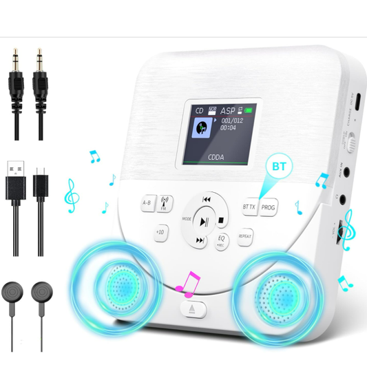 ポータブルCDプレーBluetooth送信/受信対応スピーカー内蔵（REC）録音機能・FMトランスミッター付き2000mAh電池内蔵 CD･MP3･32GB MicroSDカード等対応 ASP音飛び防止 AUX出入力端子付きA-Bリピート･プログラム再生 EQエフェクトPSE認証済み 3.5mmイヤホン付き語学学習 胎児教育 音楽鑑賞適用