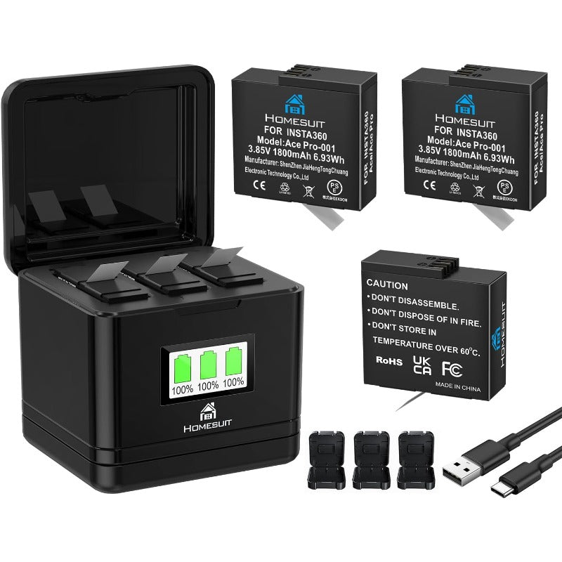 Homesuit Insta360 Ace Pro/Insta360 Ace 互換バッテリー 1800mAh×3個，インスタ急速充電器セット USB-Cケーブル付き，Ace Pro/Ace アクセサリー 3個バッテリ同時充電可能