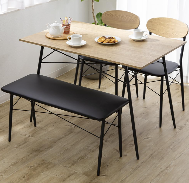 アイリスプラザ ダイニングテーブルセット 4点セット リビングテーブル セット 幅110cm スチール (テーブル×1、チェア×2、ベンチ×1) STDSET-4 ヴィンテージデザイン オーク おしゃれ 北欧