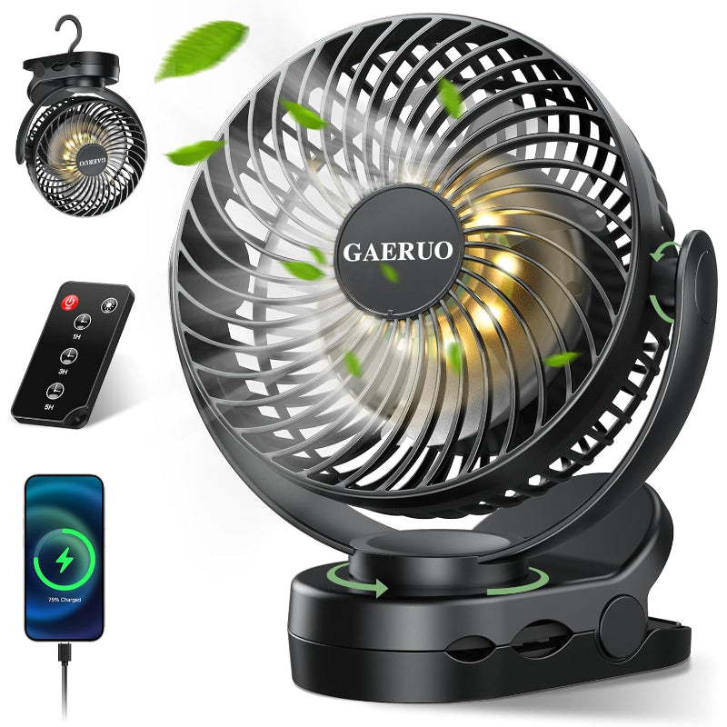 GAERUO 卓上扇風機 小型 クリップ【4Way静音使用・5in1新昇級】USB扇風機 超強風 風量3段階調整 720°角度調整 1-5H切タイマー 2段階LEDライト リモコン付き 長時間連続使用 TYPE-C急速充電 モバイルバッテリー機能 対応 吊り下げ 壁掛け コードレス 省エネ 防災・熱中症対策 オフィス/家用/アウトドア/車中泊 (ブラック)