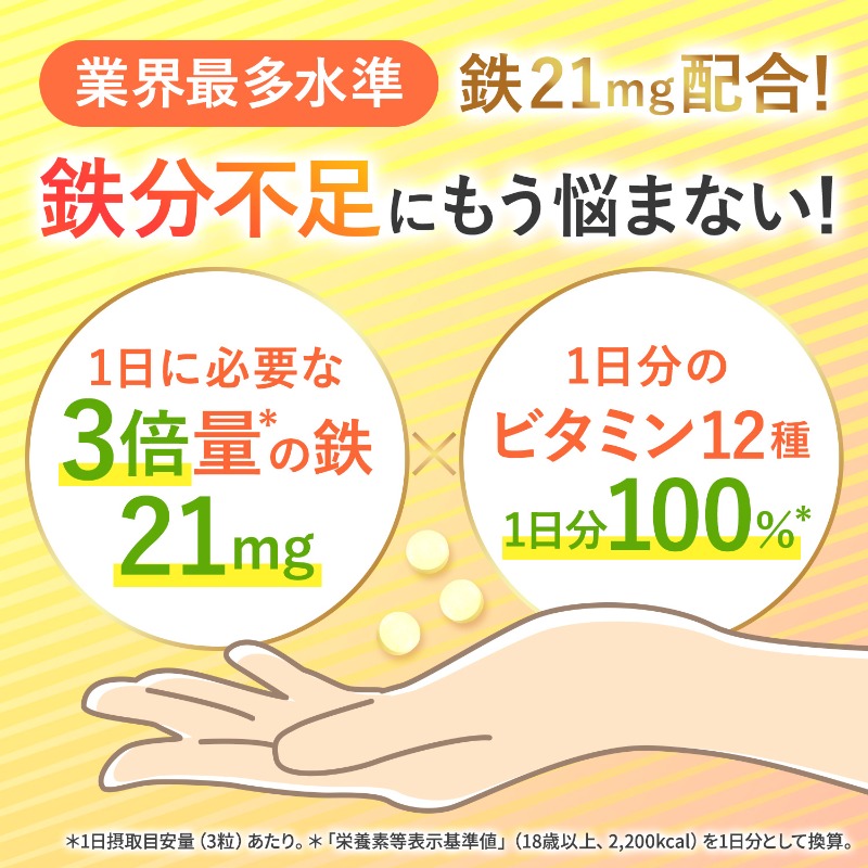 【楽天No1】鉄21mg マルチビタミン12種1日分 鉄分 「1日分の鉄＋マルチビタミン100%」 サプリメント 栄養機能食品 ビタミンC100mg ビタミンE6.3mg 葉酸240μg ビオチン50μg 90粒 約30日分 新日本ヘルス 国内GMP認定工場製造