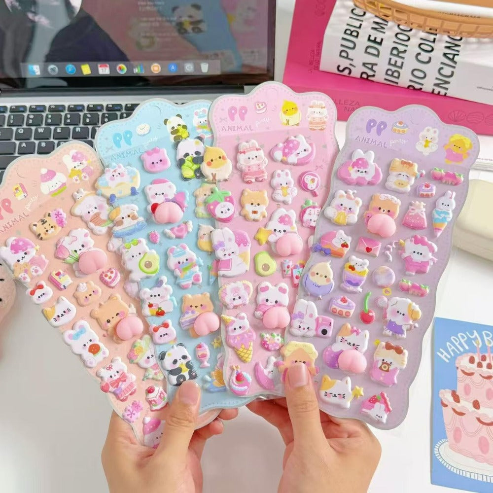 (ANIALX4枚)ぷにぷにおしりシール かわいい 3D立体ステッカー うさぎ くま 動物 キャラクター 癒し ストレス解消 文房具 手帳 ノート デコレーション DIY アルバム スマホケース ギフト プレゼント