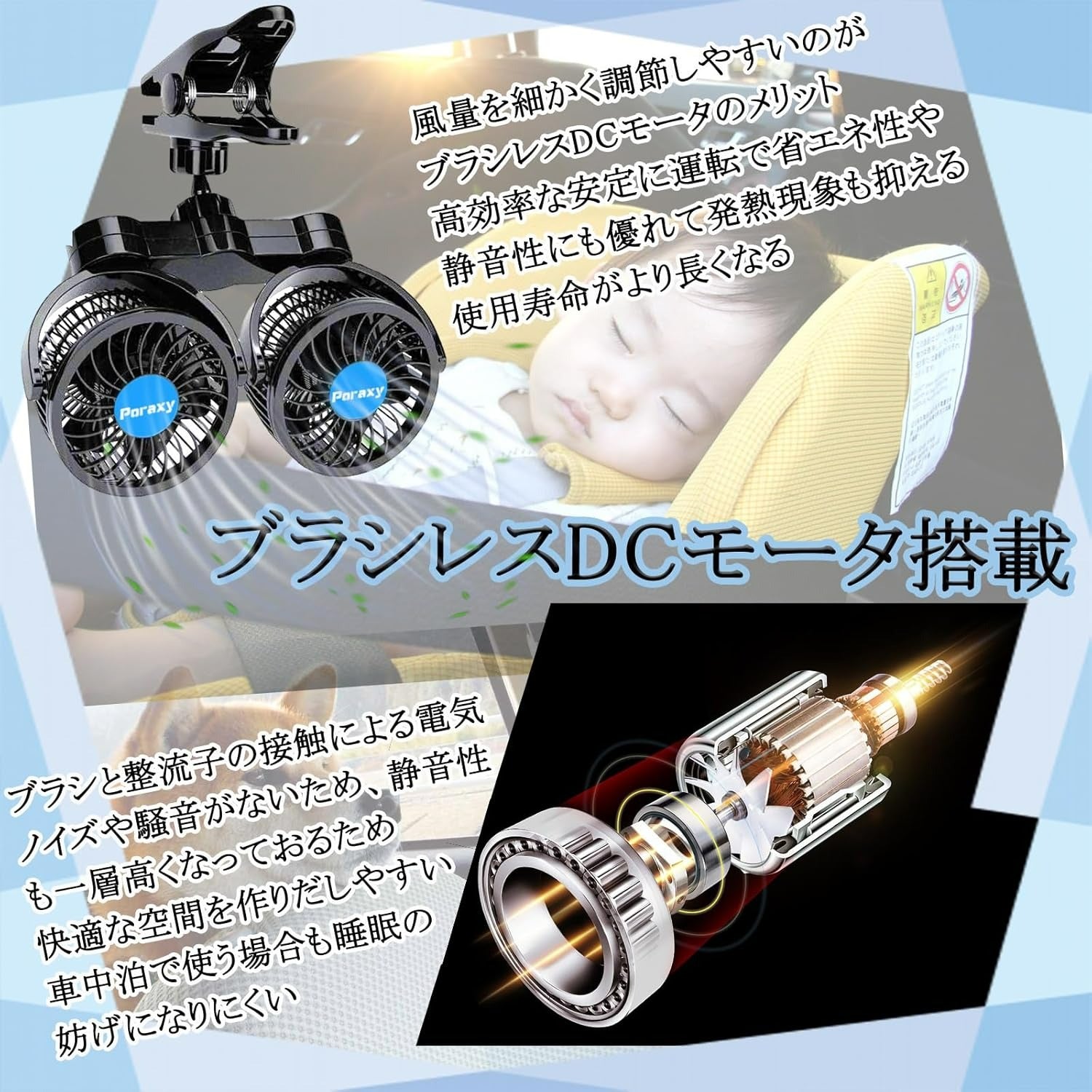 「2025年最新アップグレード」PORAXY 車載扇風機 車 扇風機 4インチ 車載ファン 電動ファン低騒音 無段階風量調節可能 角度調整可能 ツーファン付き リアフロント両用 汎用タイプ 夏対策 DC１２V 車用 後部座席 扇風機 日本語マニュアル付 2025年1月25日よりモーターアップデート