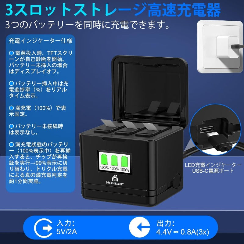 Homesuit Insta360 Ace Pro/Insta360 Ace 互換バッテリー 1800mAh×3個，インスタ急速充電器セット USB-Cケーブル付き，Ace Pro/Ace アクセサリー 3個バッテリ同時充電可能