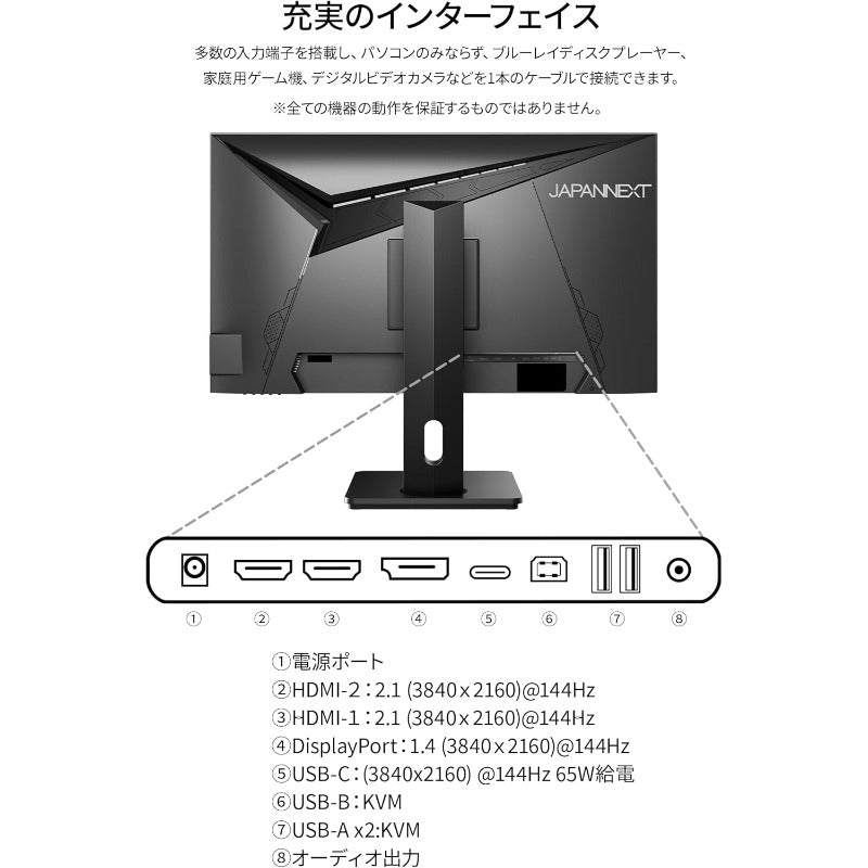 JAPANNEXT 28インチ IPSパネル搭載 144Hz/1ms(MPRT)対応 4K(3840x2160)解像度 ゲーミングモニター JN-IPS28G144U-HSPC6 HDMI DisplayPort USB-C(最大65W給電) sRGB:100% PS5 4K:120Hz接続 VRR KVM PBP/PIP 高さ調整 ピボット(縦回転) 【2年保証】