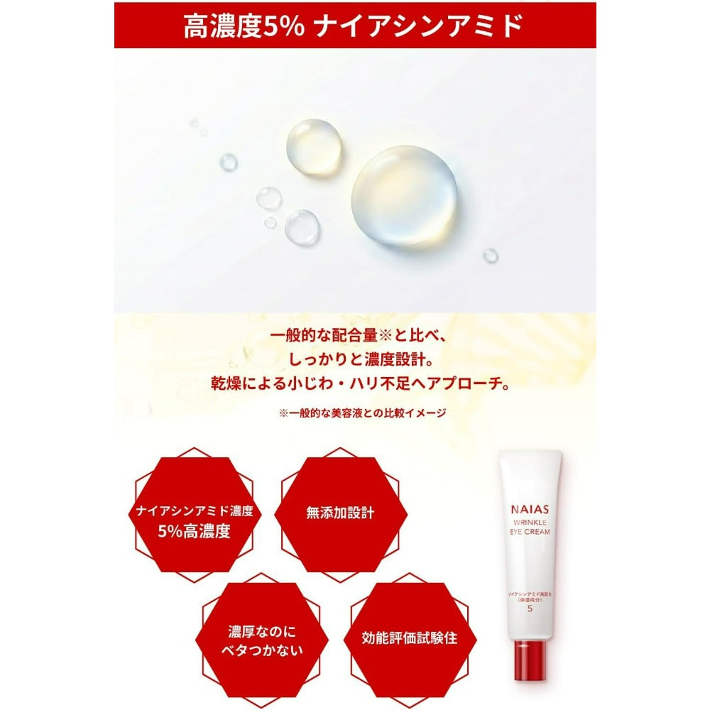 NAIAS ナイアシンアミド5% アイクリーム 30g 高濃度ビタミンB3 目元美容液 目の下 まぶた 目尻ケア 乾燥小じわ ハリ くすみ くま ほうれい線 口元ケア 高保湿 敏感肌 無香料 低刺激 日本製
