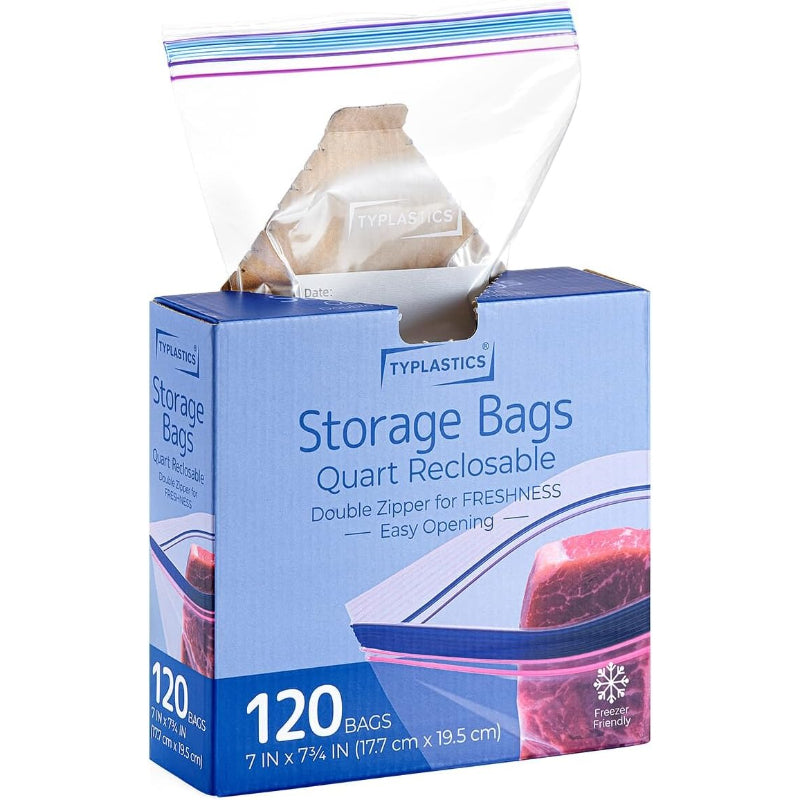 TYPLASTICS フリーザーバッグ ダブルジッパーバッグ 冷凍冷蔵食品保存袋 Mサイズ 120枚入り しっかり閉じられる 繰り返し使える（17.7*19.5cm）