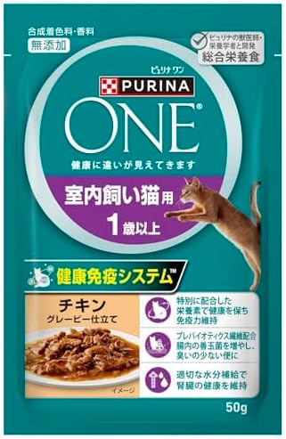 【パッケージ破損あり】ピュリナワン キャットフード パウチ 室内飼い猫用 1歳以上 チキングレービー仕立て 50ｇｘ12袋
