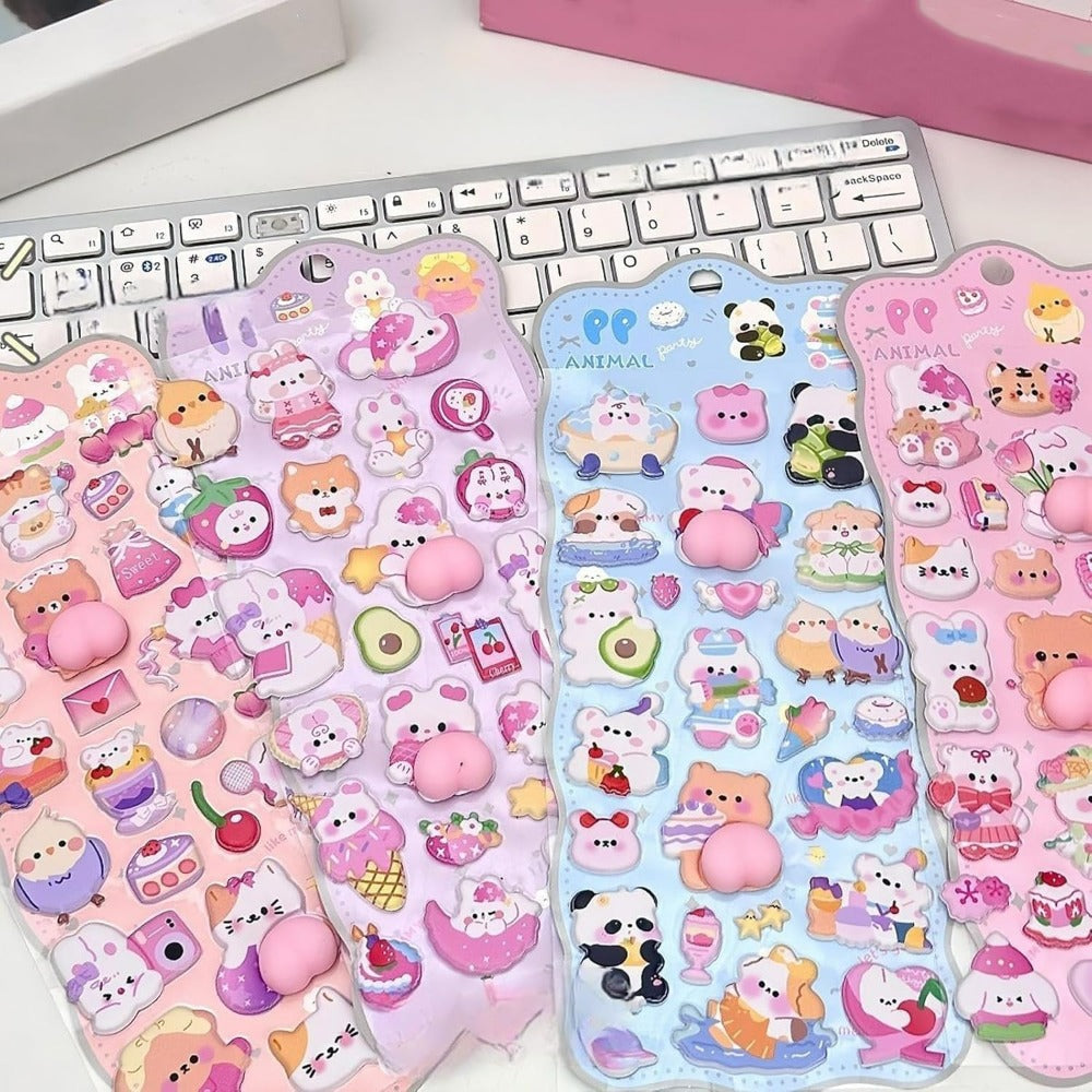 (ANIALX4枚)ぷにぷにおしりシール かわいい 3D立体ステッカー うさぎ くま 動物 キャラクター 癒し ストレス解消 文房具 手帳 ノート デコレーション DIY アルバム スマホケース ギフト プレゼント