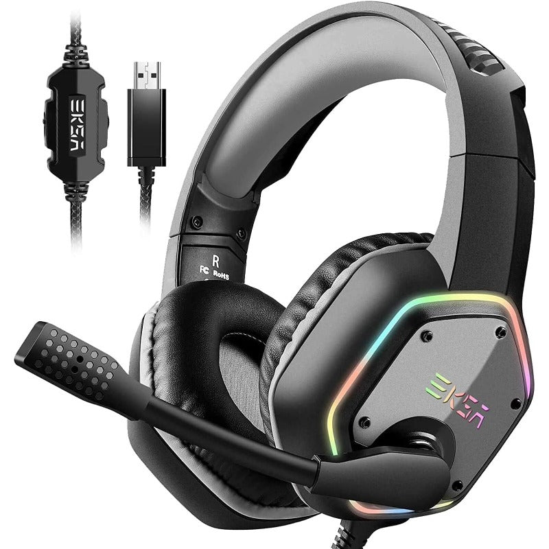 A EKSA ゲーミングヘッドセットPS4/PS5/PC用USBゲーミングヘッドホン 50mmドライバー 7.1chサラウンドサウンドヘッドフォン プラグ&プレイ 単一指向性マイク ノイズキャンセリング 高遮音性イヤーカップオーバーイヤーヘッドホン E1000