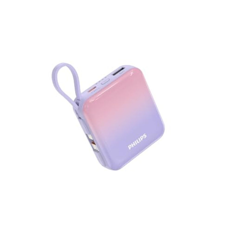 Philips (フィリップス) モバイルバッテリー 10000mAh 大容量 小型 携帯充電器 Lightning type-c ケーブル内蔵 22.5W タイプc ライトニング 4台同時充電 スマホ 持ち運び iPhone 16 / 15 Android iPad 各種機器 PSE認証済 (ピンク紫)