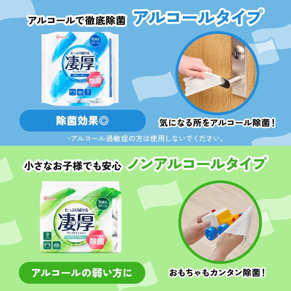 アイリスオーヤマ(IRIS OHYAMA) ウェットティッシュ アルコール 96枚(32枚×3P) 凄厚 厚手 エンボス 加工 旅行 除菌 コンパクト 掃除 液 シミシミ 破れにくい WTP-32A3P