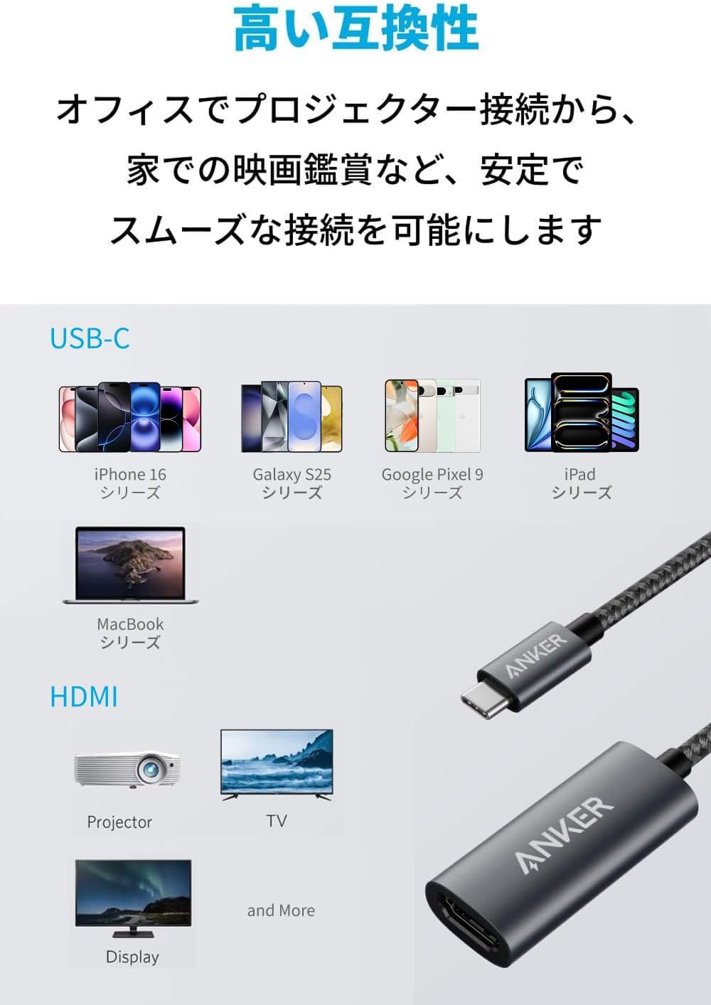 Anker PowerExpand+ USB-C & HDMI 変換アダプタ 【4K (60Hz) 対応】 Macbook Pro/MacBook Air/iPad Pro/Chromebook/Pixel/XPS/Galaxy 他対応