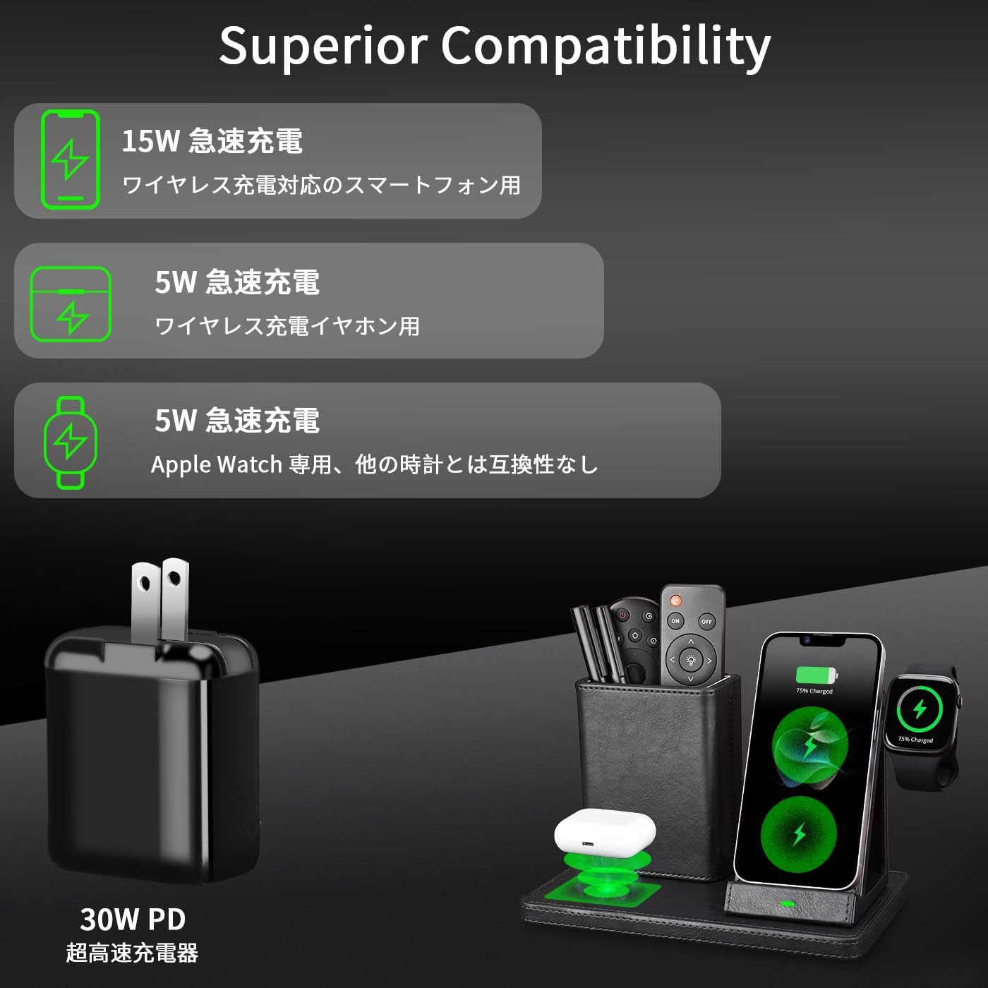 LADSTAG レザー デスクオーガナイザー 充電ステーション付き 多機能スマホスタンド ペン ホルダー オフィスや家庭用のデスクオーガナイザーおよびアクセサリー
