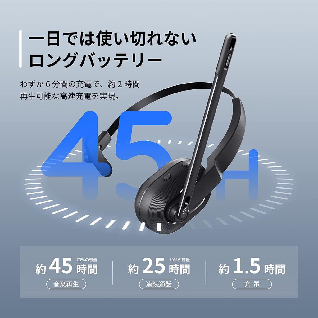 EKSA 業務用 ワイヤレスヘッドセット Bluetooth 片耳 USBドングル付属 通話ノイズリダクション 単一指向性 マイク搭載 オフィス用 超軽量 最大45時間使用 充電スタンド付き ハンズフリー 通話 web会議用 コールセンター パソコン用 スマートフォン/PC/タブレット対応