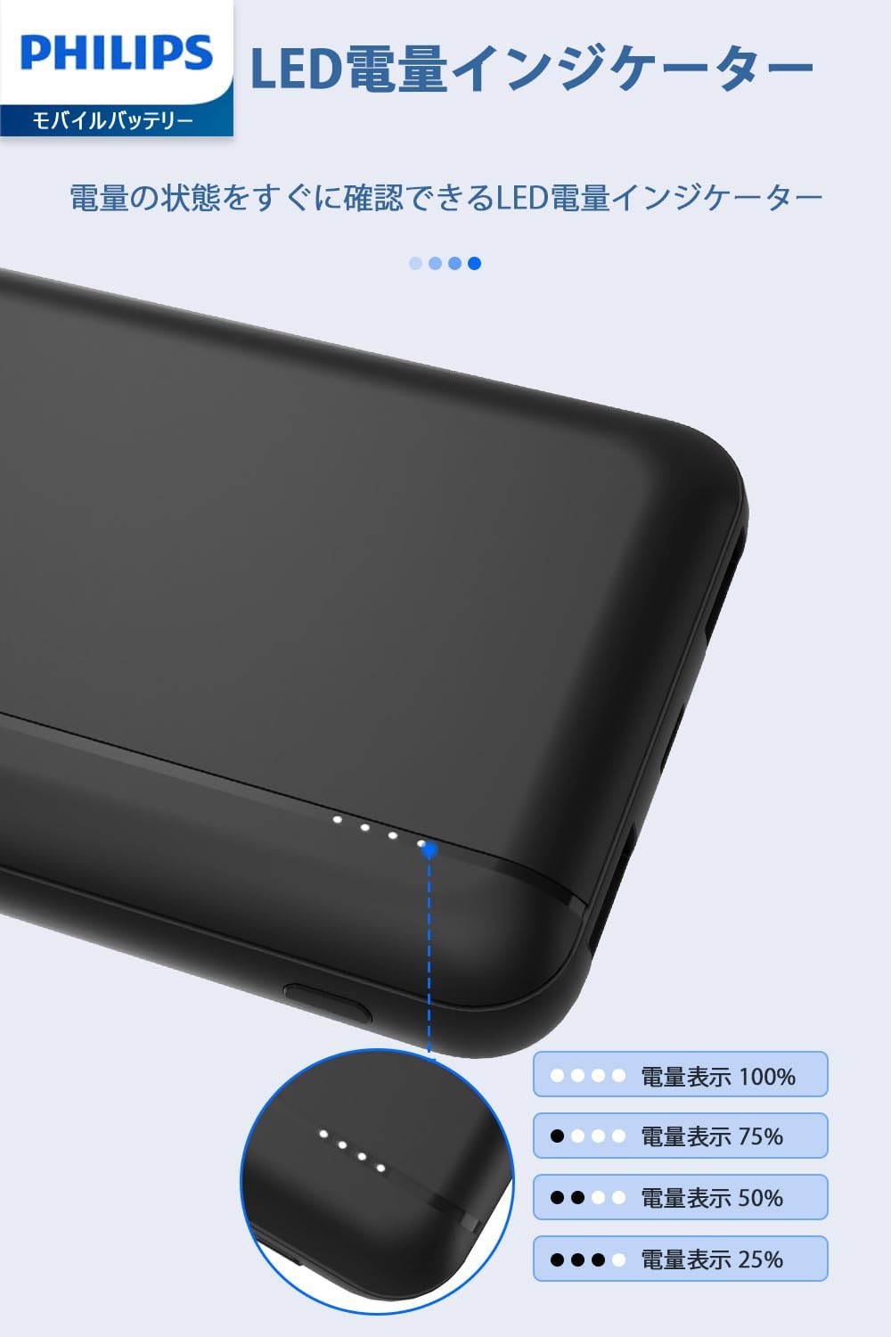 PHILIPS Powerbank de 10000mAh con Puertos de Entrada USB A y USB-C duales, Negro