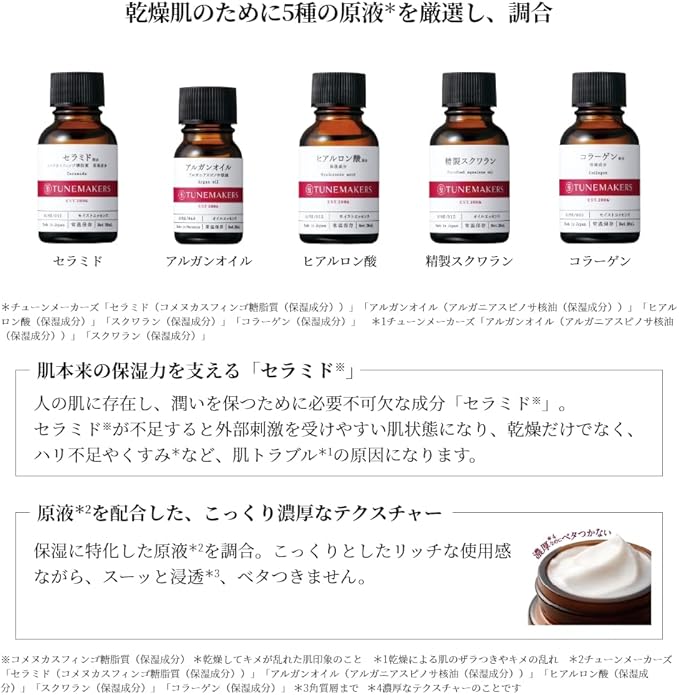 顔用保湿クリーム 原液保湿クリーム 50g TUNEMAKERS(チューンメーカーズ) セラミドクリーム アルガンオイル ヒアルロン酸 乾燥肌 敏感肌