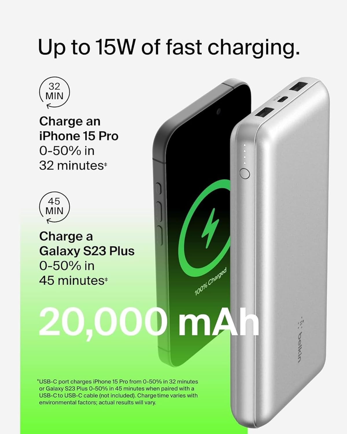 Belkin モバイルバッテリー 3C対応 CCC 20000mAh 大容量 3台同時充電 最大15W出力 USB-C USB-A iPhone Android 対応 PSE認証済 機内持ち込み 災害 旅行 2年保証 BPB012btSL スペースグレイ