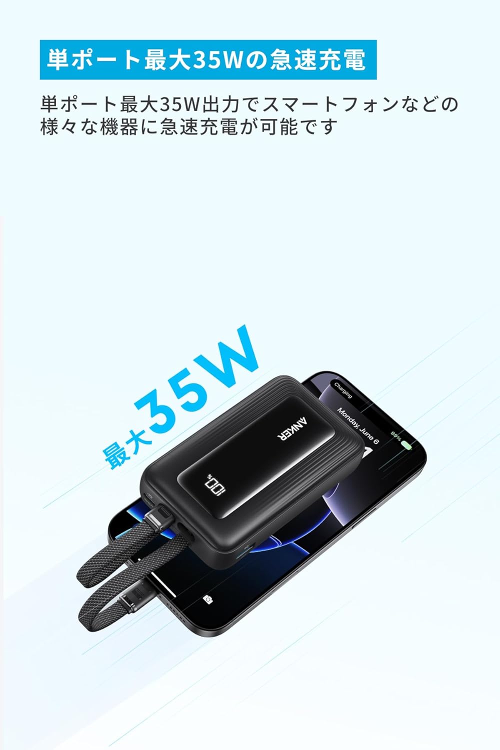 Anker Zolo Power Bank (10000mAh, 35W, Built-In Dual USB-Cケーブル) (モバイルバッテリー 10000mAh 最大35W出力 ケーブル一体型 ディスプレイ搭載) 【PD/PowerIQ搭載/PSE技術基準適合】iPhone 16 / 15 Android iPad その他各種機器 (ブラック)