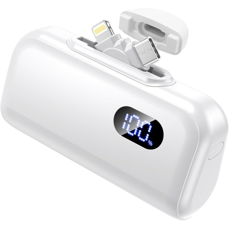 モバイルバッテリー 6800mAh 小型 急速充電 ライトニングコネクター & タイプCケーブル内蔵 Type-Cポートスマホ充電器 パススルー機能 ケーブル内蔵 LCD電量残量表示 携帯充電器 コンパクト 持ち運び便利 スタンド搭載 機内持ち込み可能 旅行/出張/停電対策/防災 iPad/iPhone/Android各種スマホ対応 (スノーホワイト)