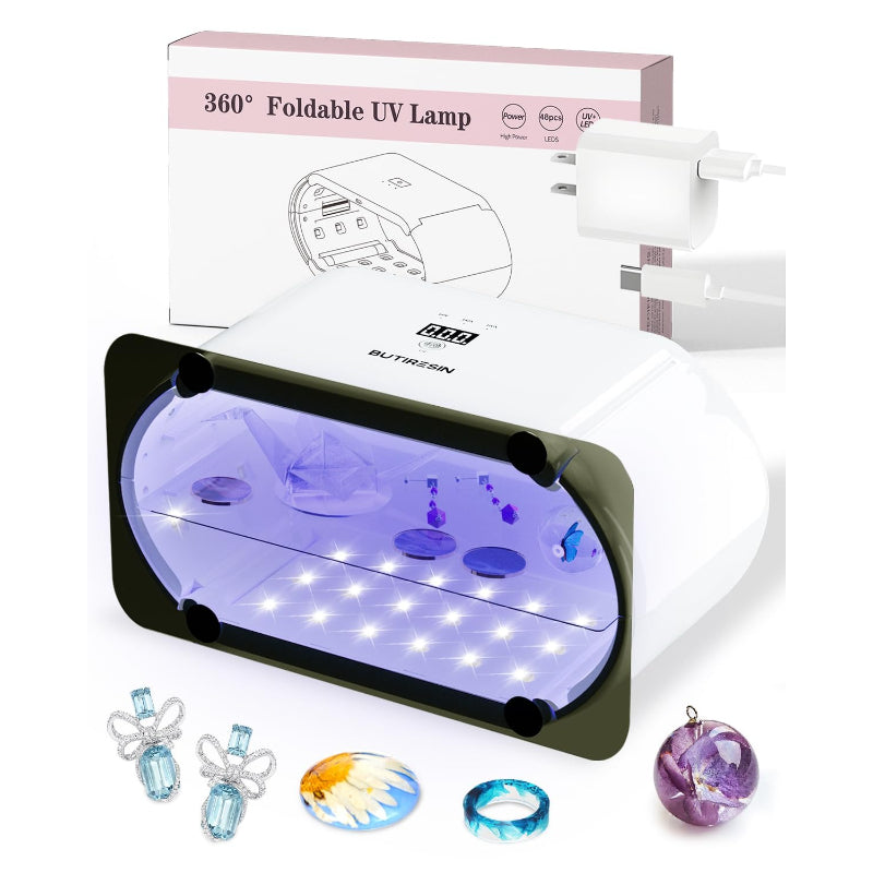 UVライト レジン用 48W 両面照射 360度光源 48個LED搭載 4段階時間調節 (60秒・180秒・300秒・600秒) UV遮光板付き 折りたたみ式 コンセント直差し式 2-IN-1 レジン硬化用 多用途DIY対応