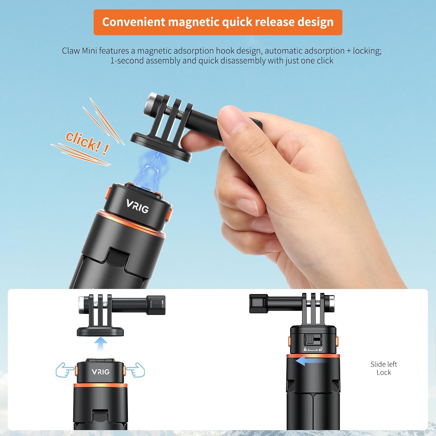 VRIG 63インチ 自撮り棒三脚 Go pro用 AC-04S 伸縮式カメラ三脚 マグネット式クイックリリースマウントアダプター付き Go pro Hero 13 12 1110 9、DJI OSMO Action 5Pro 3 2、AKASO、SJCAM用