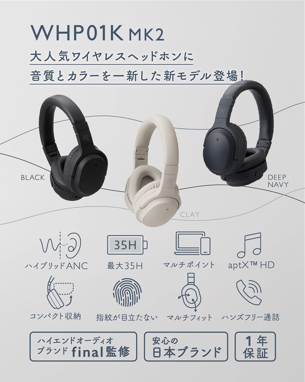 【2024冬 ag WHP01K MK2 aptX HD対応・Bluetooth・ANCイズキャンセリング機能・ワイヤレスヘッドホン・35時間再生・マイク付き (Deep Navy)