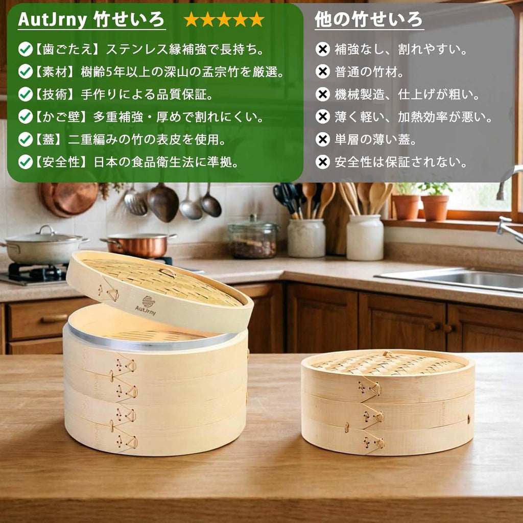 【AutJrny】 せいろ蒸し器 せいろ 2段 21cm 竹せいろ セット 蒸し器 セイロ ステンレスリングで補強 コットンセイロ専用シート2枚付