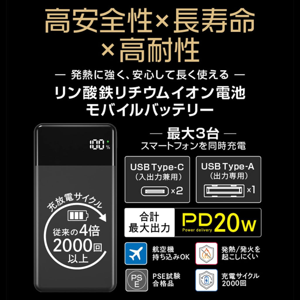 グリーンハウス モバイルバッテリー 10000mAh リン酸鉄 PD 20W 燃えにくい 高い安全性 長寿命 パススルー 3台同時 機内持込 ベージュ
