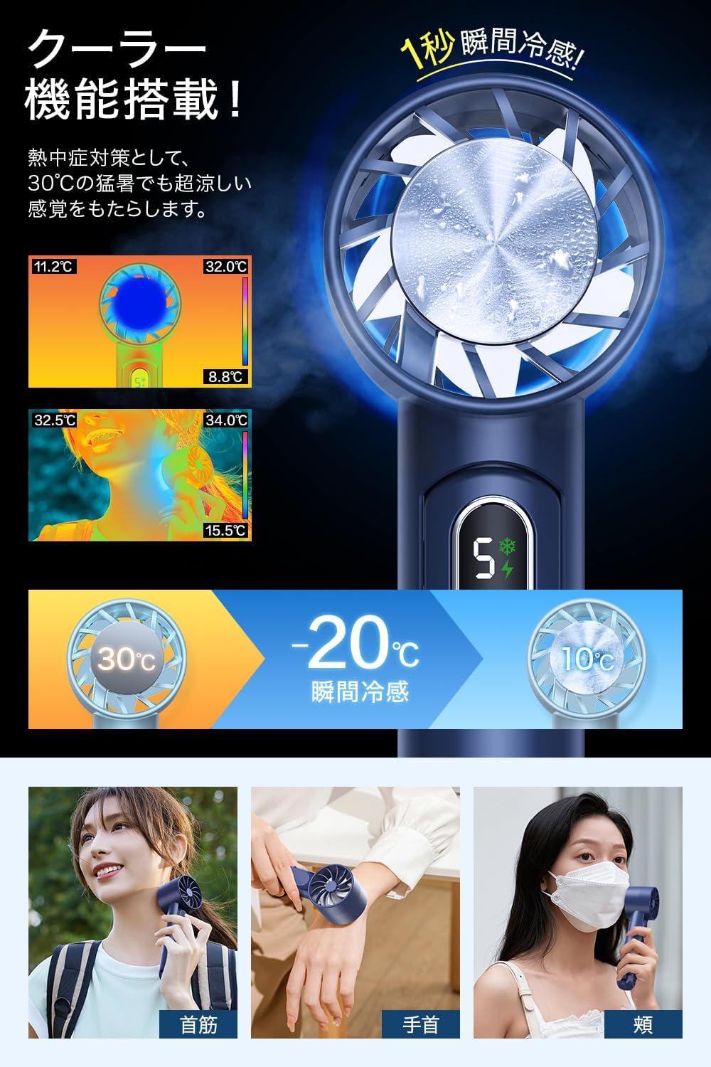 ハンディファン 冷感プレート 【1台6役 モバイルバッテリー機能】 携帯扇風機 手持ち扇風機 1秒瞬間冷却 5000mAh大容量 首掛け 冷却ファン ミニ 卓上扇風機 usb充電式 クーラー 軽量 強力 大風量 5段階調節 小型 スタンド付き 折り畳み ストラップ付き LEDディスプレイ 熱中症対策 花火大会/スポーツ観戦/オフィス/アウトドアなどに適用 (ネイビー)