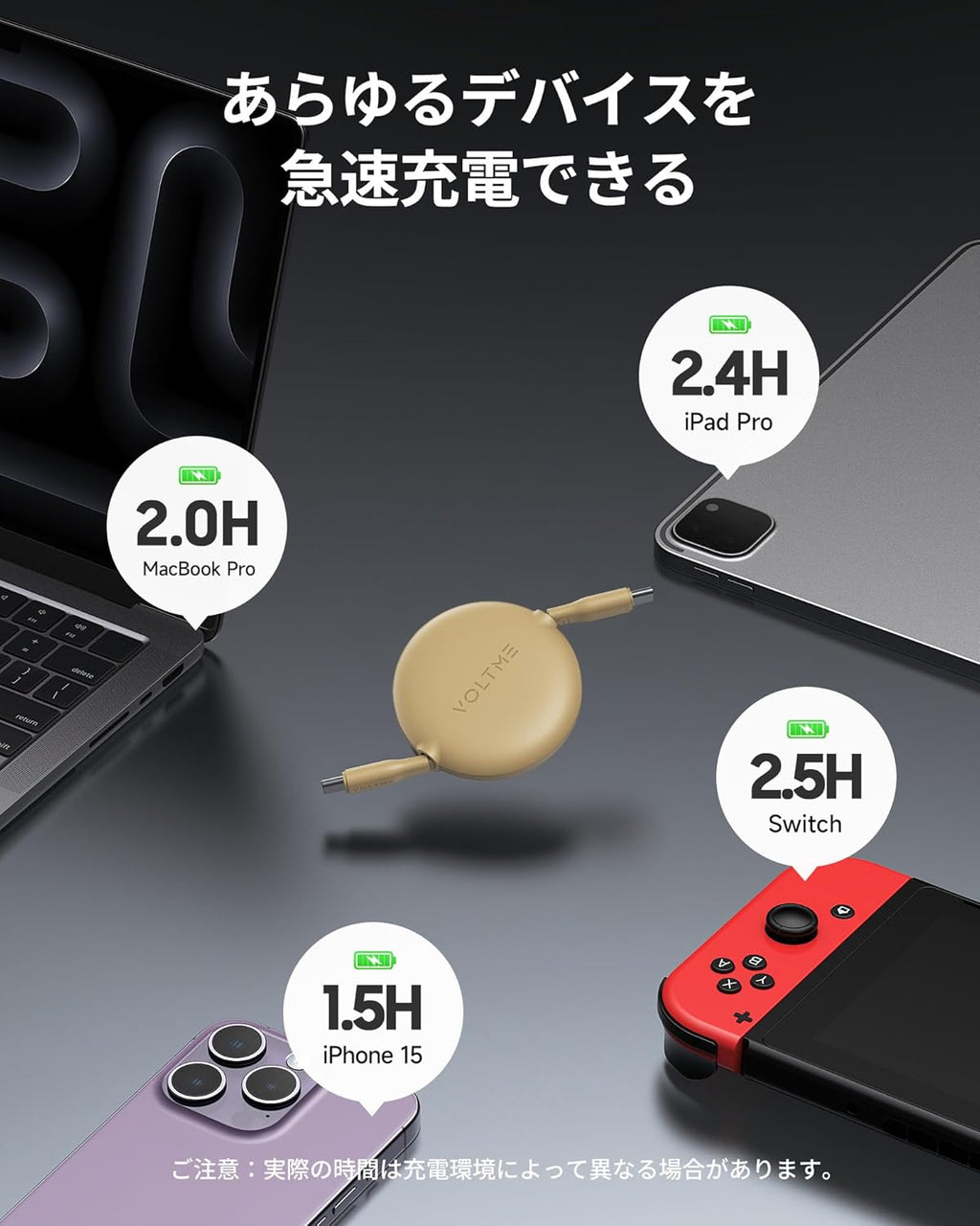 USB Type C ケーブル VOLTME 巻取り式 USB-C to USB-C 100W 5A PD3.0 急速充電 タイプc ケーブル 両引きタイプ データ転送 480Mbps 絡まない 軽量 コンパクト LEDライト付き iPhone 15、MacBook Pro、Matebook、iPad、Xperia、Galaxy等Type-c機種対応（1m イエロー）