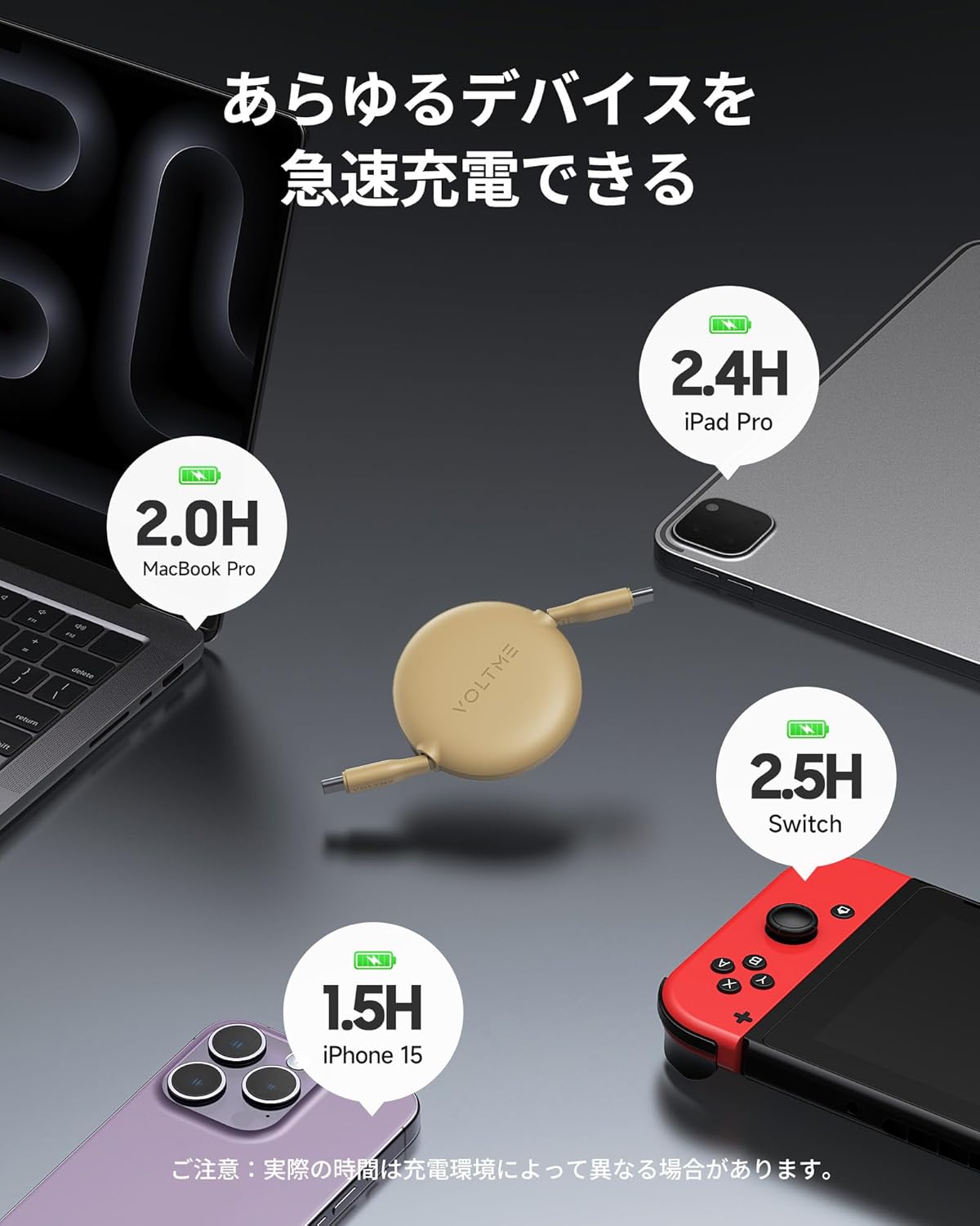 USB Type C ケーブル VOLTME 巻取り式 USB-C to USB-C 100W 5A PD3.0 急速充電 タイプc ケーブル 両引きタイプ データ転送 480Mbps 絡まない 軽量 コンパクト LEDライト付き iPhone 15、MacBook Pro、Matebook、iPad、Xperia、Galaxy等Type-c機種対応（1m イエロー）