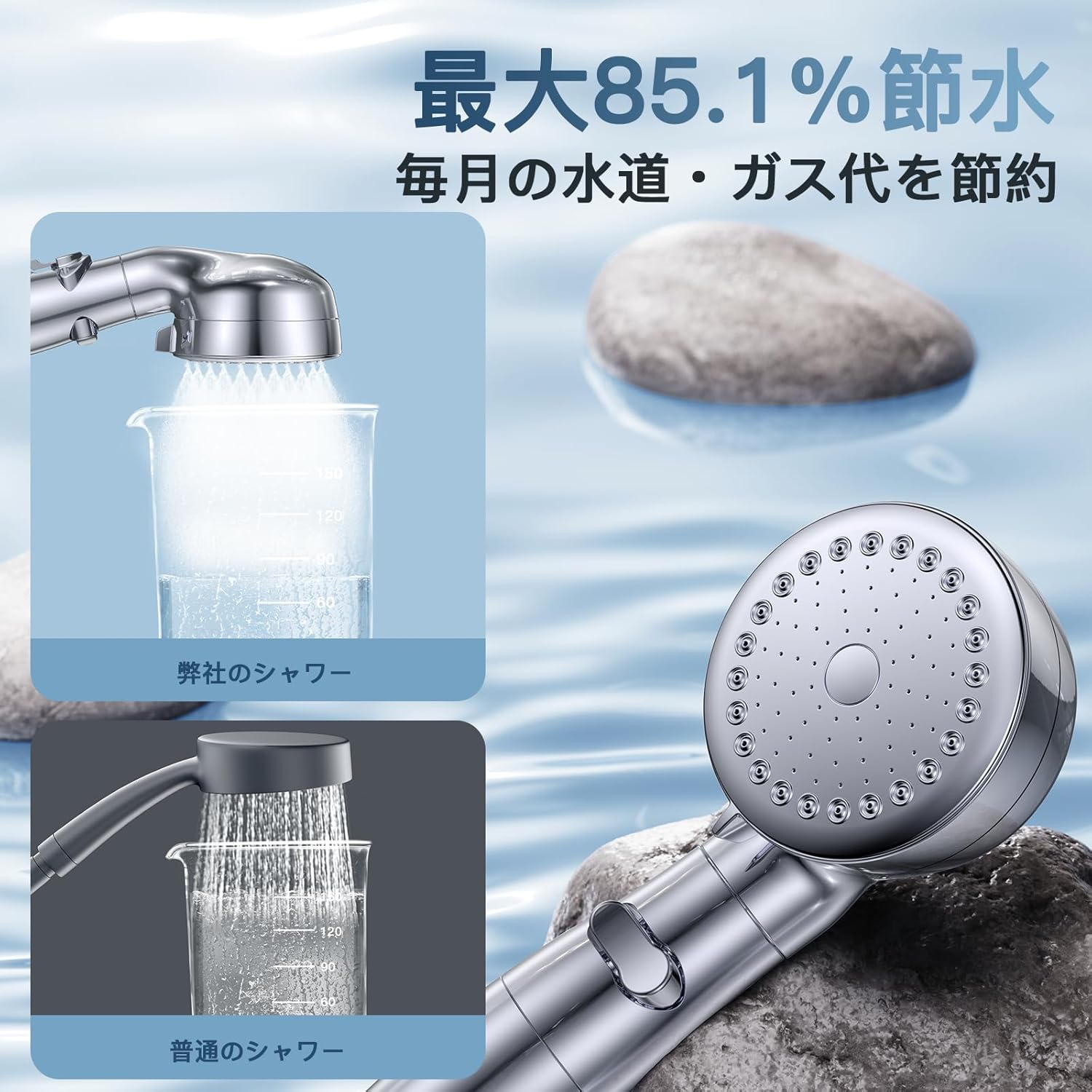 Eaimiu マイクロナノバブル シャワーヘッド ［微細バブルで美肌革命］節水シャワーヘッド 手元止水 3段階モード シャワー 高水圧 水量調節 しやわーヘッド 最強 塩素除去 ウルトラファインバブル shower head 肌&髪ケア向上 保湿力アップ カートリッジ2本付き 水漏れ防止M/K/G/Oアダプター付き 取付簡単（シルバー-磨き上げ）