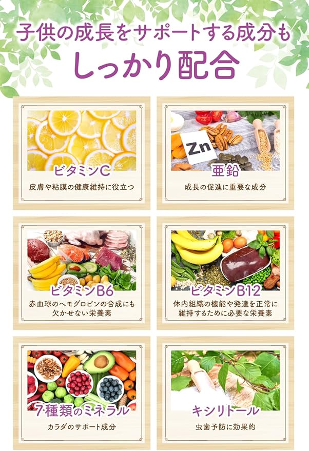 親子で飲める鉄分 サプリ 子供 鉄 亜鉛 ビタミンC ビタミンB₁₂ ビタミンB₆ キシリトール 簡単栄養補給 水なしで噛んで食べられる グレープ風味 チュアブル 30日分 (単品)