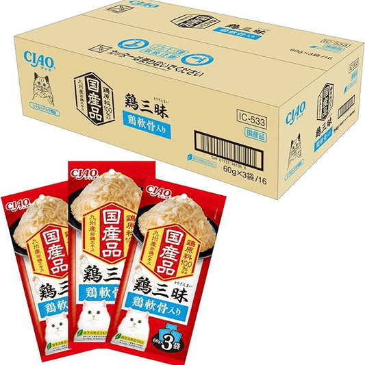 チャオ (CIAO) 鶏三昧 鶏軟骨入り 60g×3袋×16個 (セット) 猫用 ウェットフード