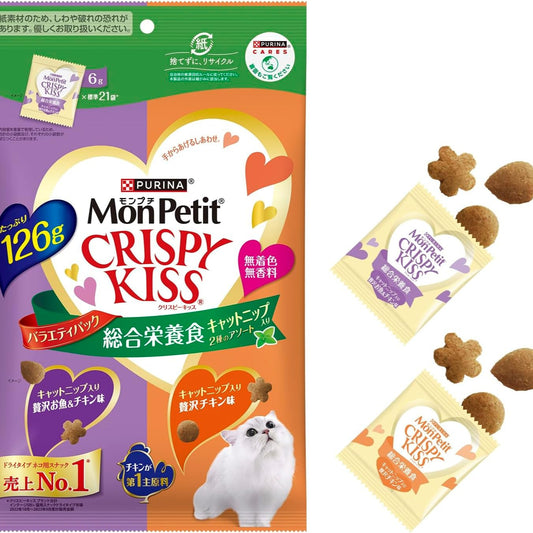 モンプチ クリスピーキッス 猫用おやつ バラエティパック 総合栄養食キャットニップ入り 2種のアソート 126ｇ(6g×21袋)