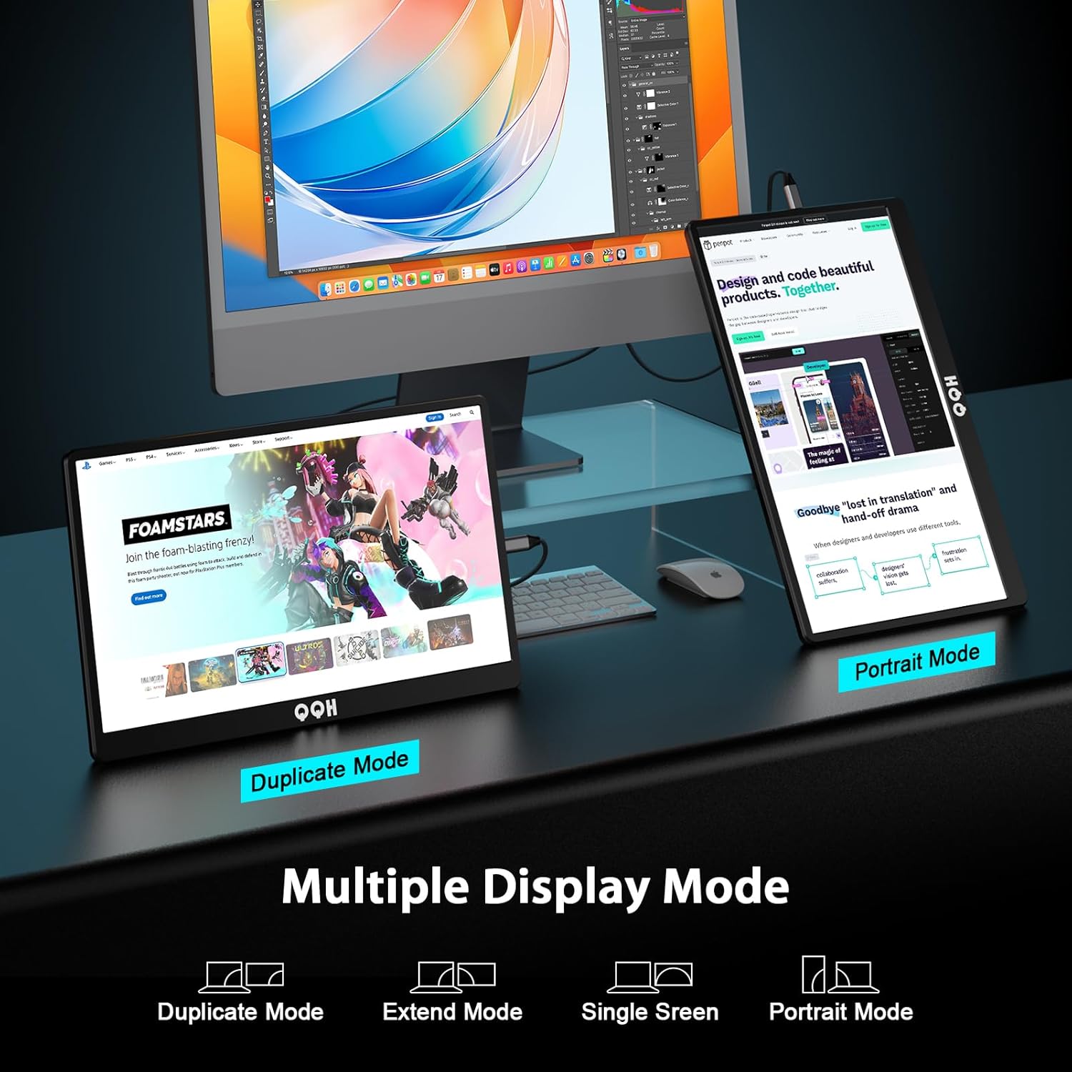 モニター、QQH 15.6インチ トラベルモニター ノートパソコン用 1080P フルHD IPS セカンドスクリーン、ゲーミングモニター、USB-C・HDMI対応 外付けディスプレイ（コンピューター／スマートフォン／PC／Mac／PS4／Switch対応）