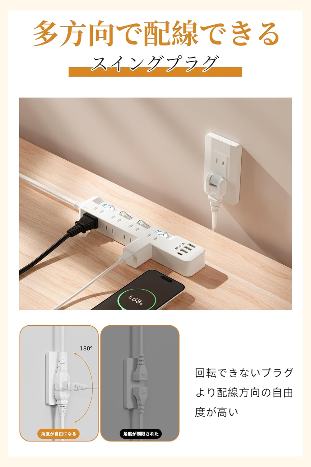 電源タップ usb付き 8個AC口 1個usbc 3個usba 延長コード 2m 雷ガード usb コンセント oa スイッチ付き 壁掛け たこあしコンセント テーブル マルチタップ スイングプラグ おしゃれ (2M)