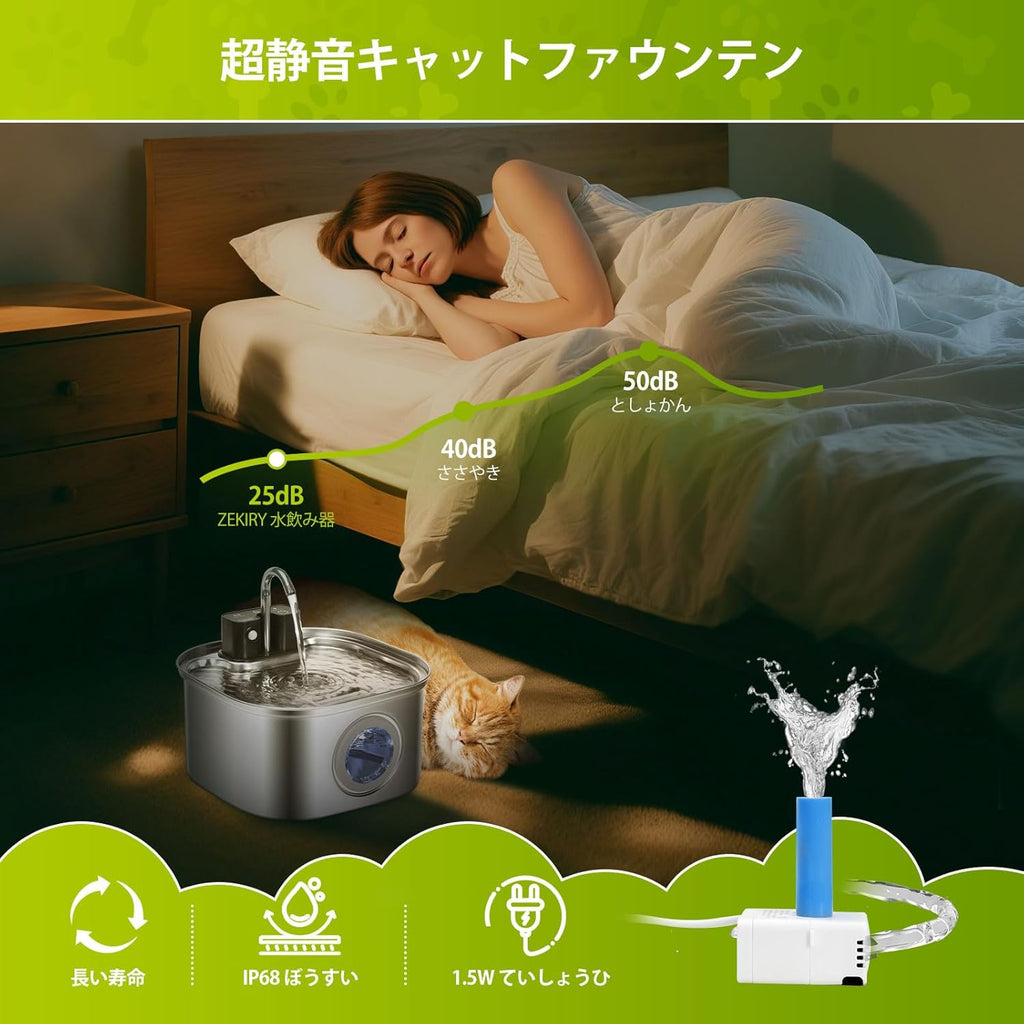 【A】3.2L 猫自動給水器 猫水飲み器コードレス ペット水飲み器 ステンレス製 ワイヤレス, 3つの給水モード / モーションセンサー/充電式 4000mAhバッテリー / 静音 ワイヤレスポンプ/四重ろ過システム ペット用