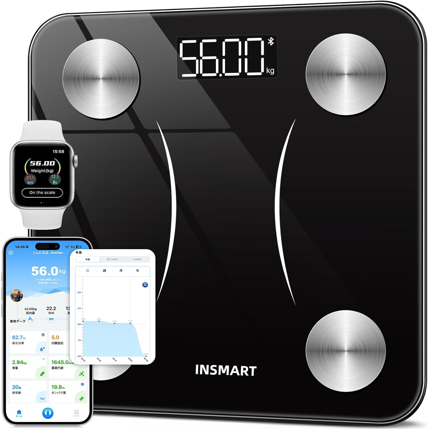 【外箱傷あり】【体重計】INSMART 体脂肪計・体組成計 16項目測定可能 体重計 スマホ連動 ヘルスメーター 人気 体重計 Bluetooth対応 260H(日本語対応APP＆取扱説明書)(ブラック)